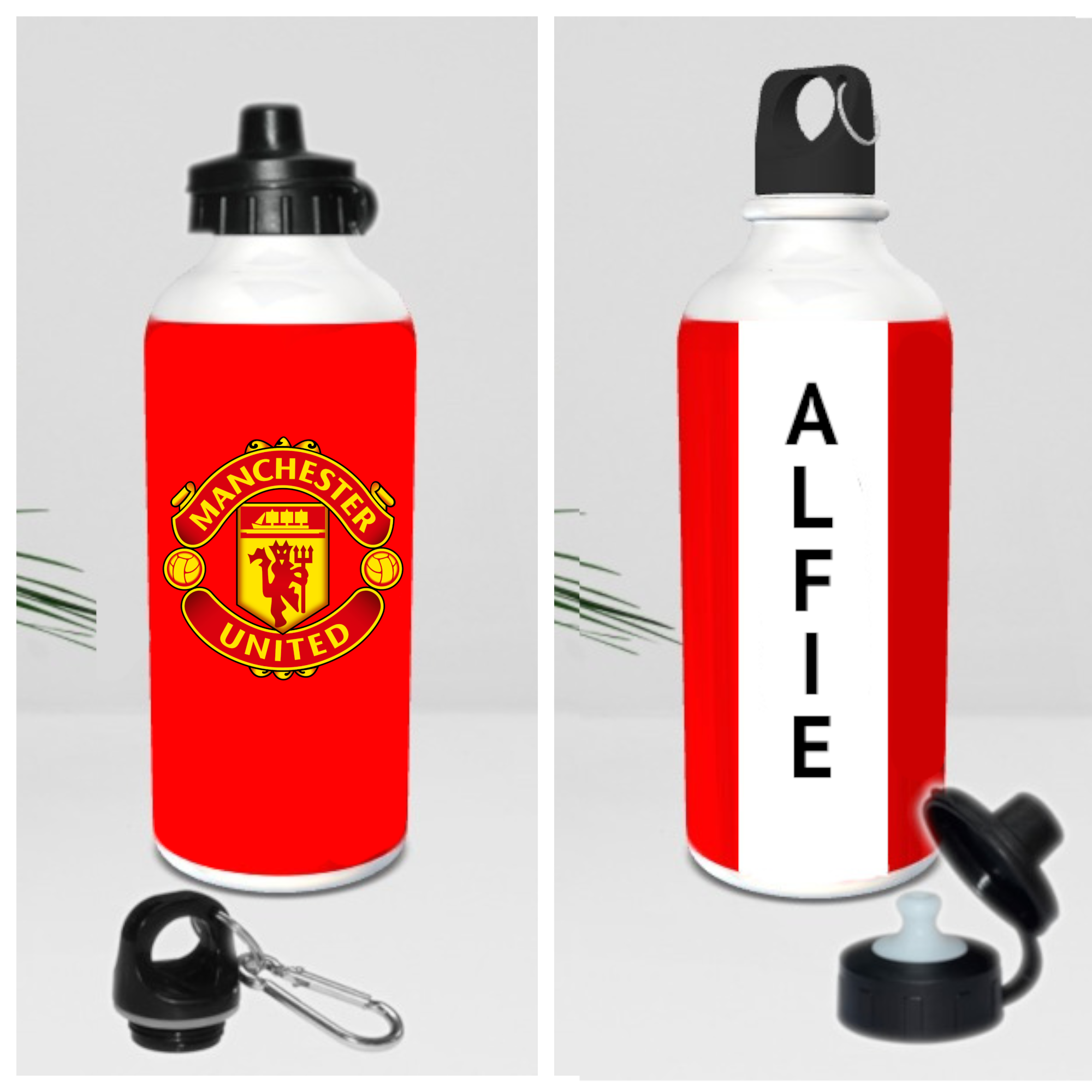 (image for) Football Inspired Personalised 600ml Aluminium Sports Water Bottle with 2 lids Favourite team Badge